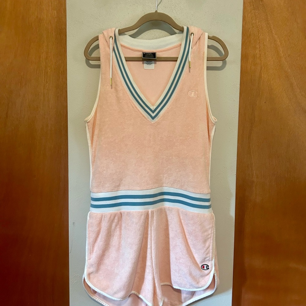 Champion Peach Terry Romper with Teal Accents; size large